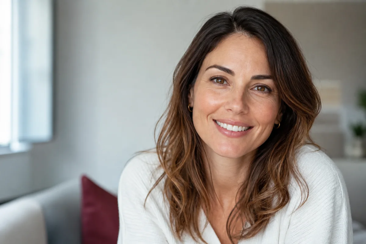 Mujer adulta sonriendo con naturalidad en casa
