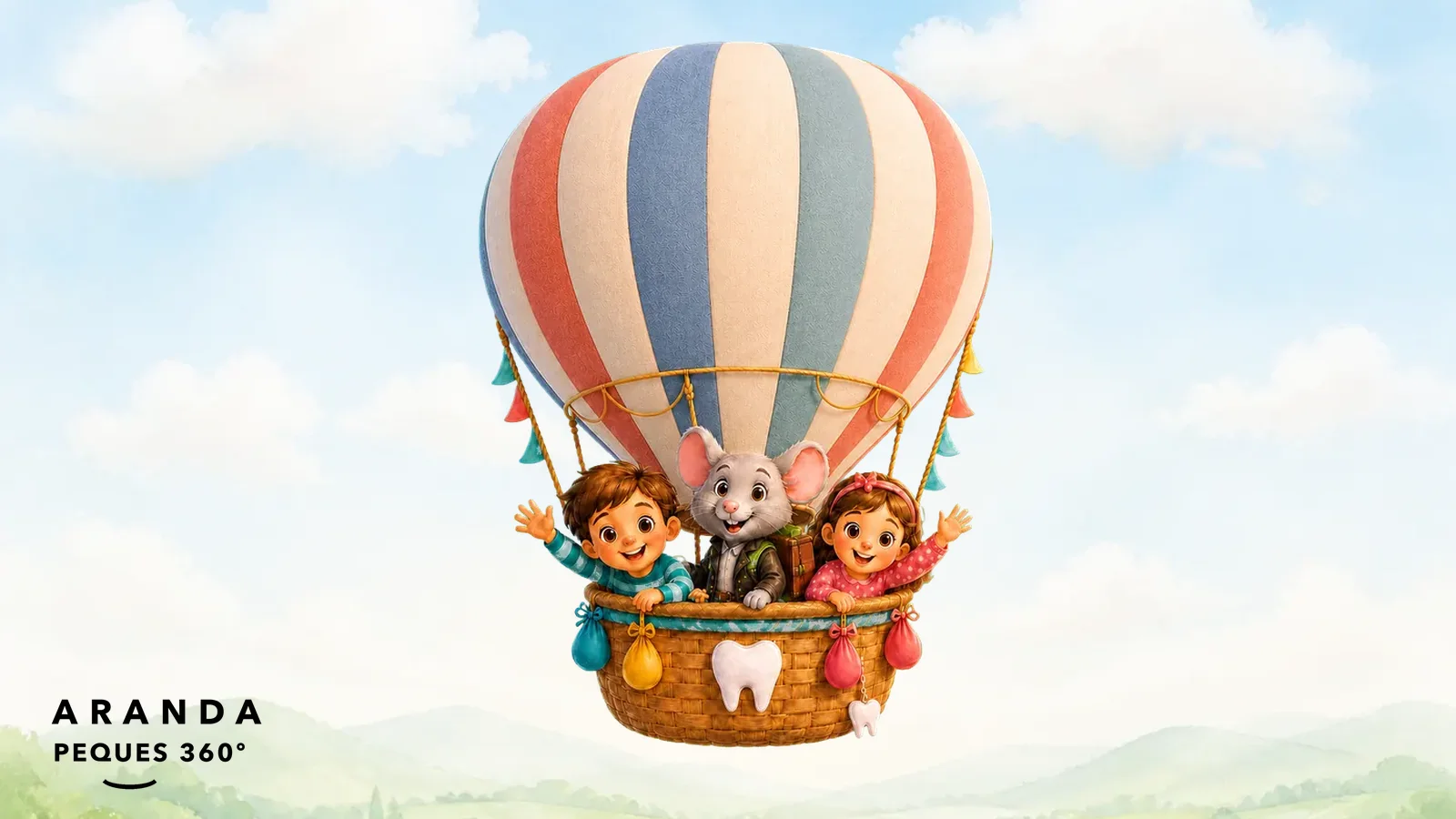 El Ratoncito Pérez volando en un globo completo con dos niños, ilustración de la Clínica Dental Aranda