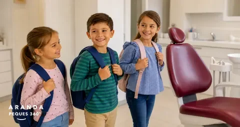 Niños volviendo al colegio con mochilas y sonrisa sana