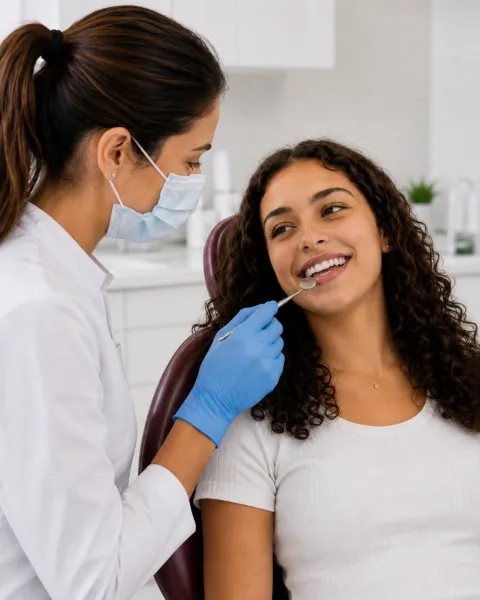 Paciente joven de pelo rizado sonriendo durante una revisión estética dental