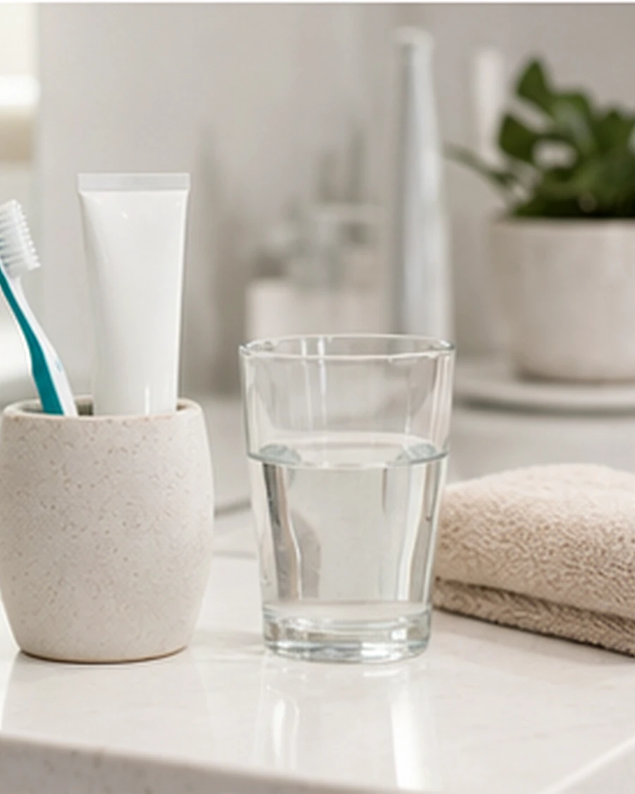 Cepillo, pasta de dientes y vaso de agua para la higiene bucal diaria