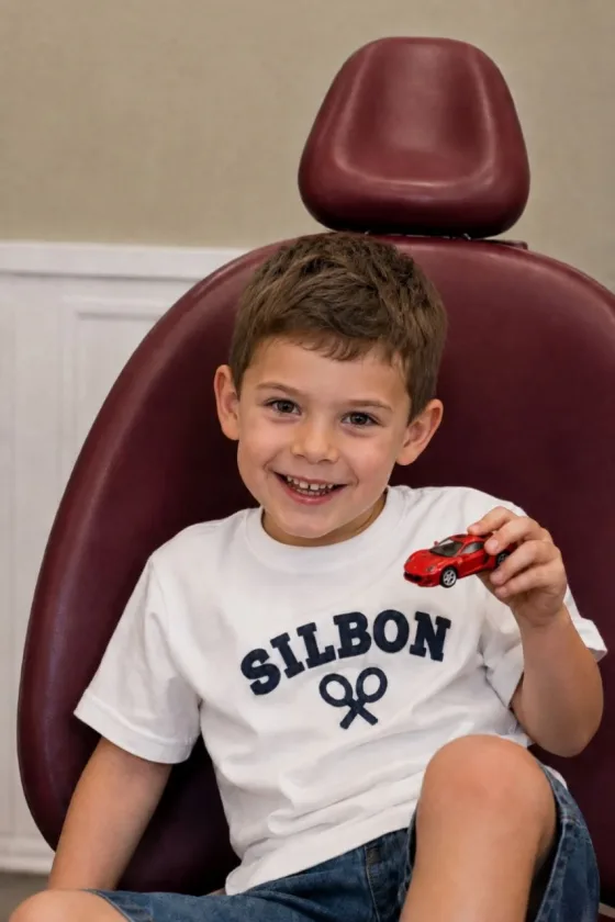 Niño sonriendo con un coche de juguete en el sillón dental de Clínica Dental Aranda
