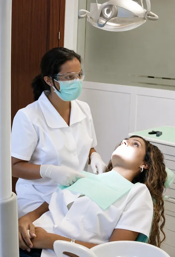 Dentista trabajando en el sillón dental con una paciente en Clínica Dental Aranda, Córdoba