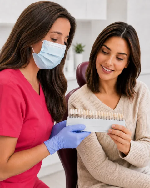 Dentista mostrando una guía de color dental durante una valoración estética