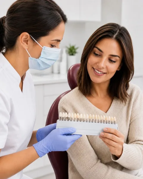 Dentista de perfil mostrando una guía de color dental a una paciente joven