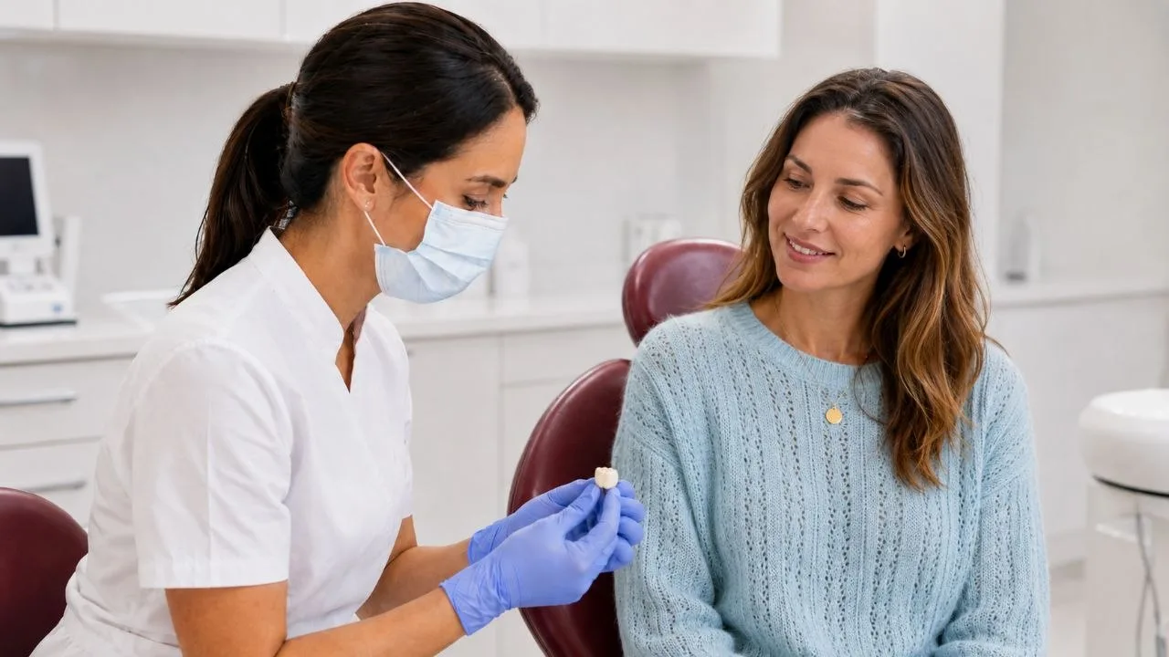 Dentista mostrando una corona dental a una paciente tras una endodoncia en Clínica Dental Aranda, Córdoba