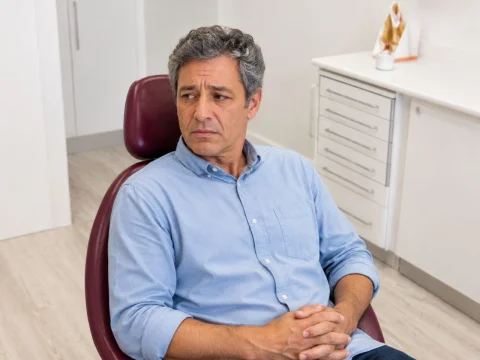 Hombre con miedo al dentista en el sillón dental