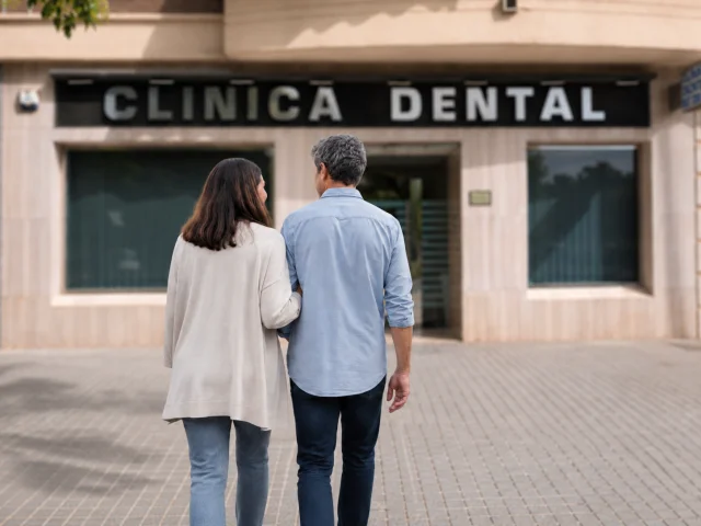 Pareja caminando de la mano hacia la entrada de una clínica dental, con confianza