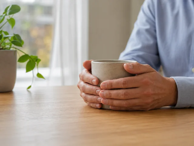 Hombre sosteniendo una taza con las manos junto a una ventana, como gesto de calma antes de la visita