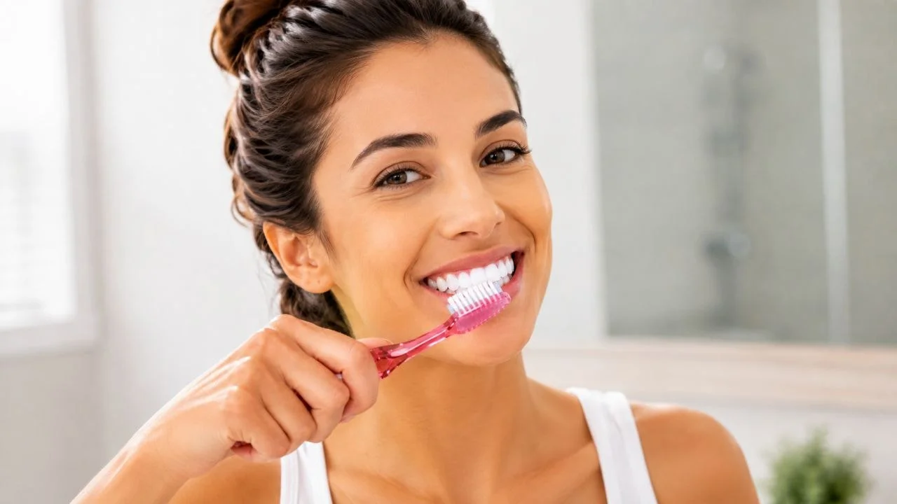 Mujer sonriendo mientras se cepilla los dientes con un cepillo dental