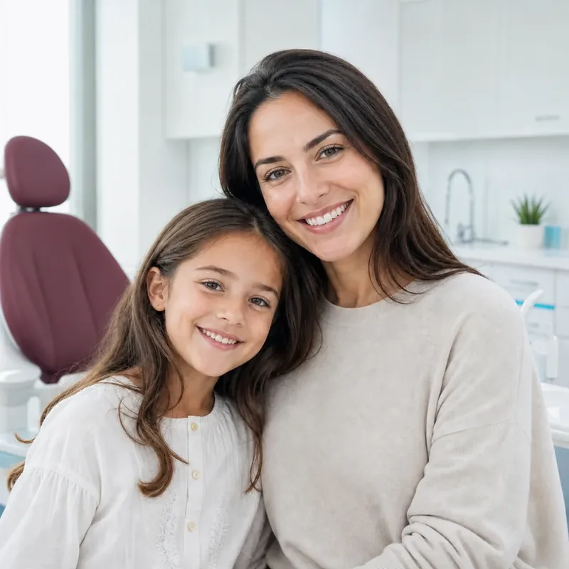 Madre e hija sonriendo en una clínica dental