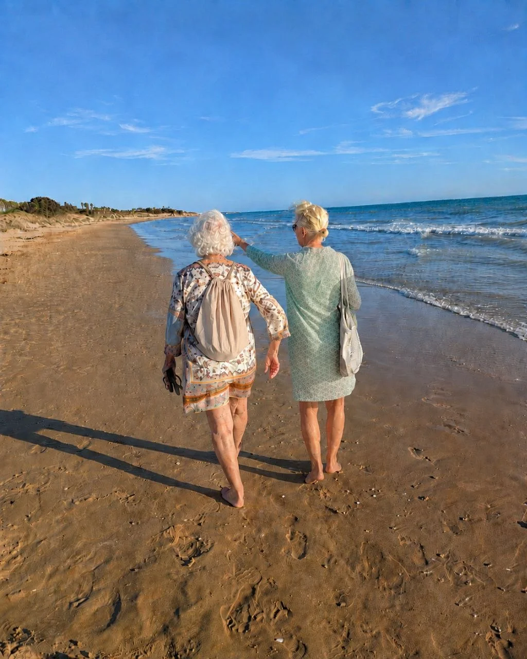 Dos mujeres mayores paseando por la orilla de la playa, disfrutando de una vida activa
