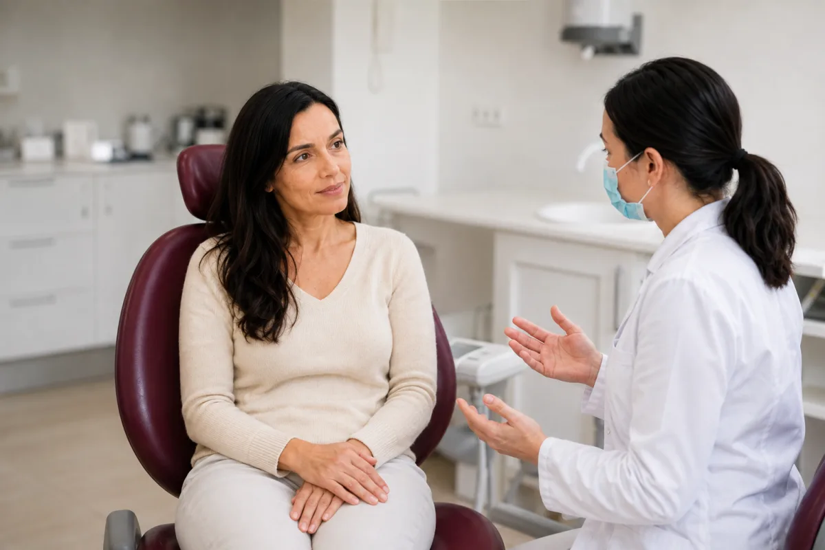 Dentista resolviendo las dudas de una paciente durante una consulta dental