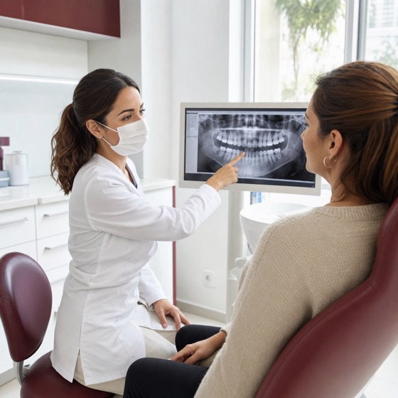 Dentista explicando una radiografía dental en pantalla