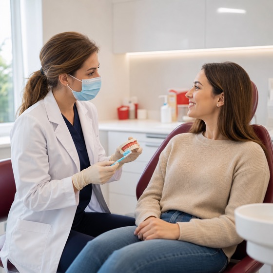 Dentista dando recomendaciones de prevención y seguimiento a una paciente