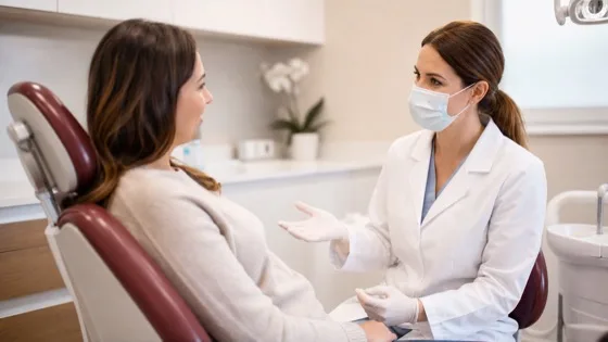 Revisión inicial en consulta dental con sillón granate