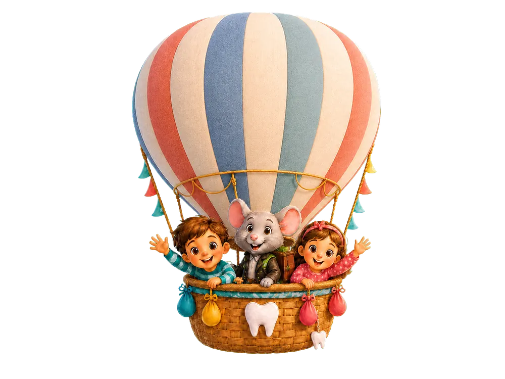 Ratón Pérez con niños en globo aerostático