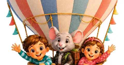 El Ratoncito Pérez volando en globo con dos niños, ilustración de la Clínica Dental Aranda