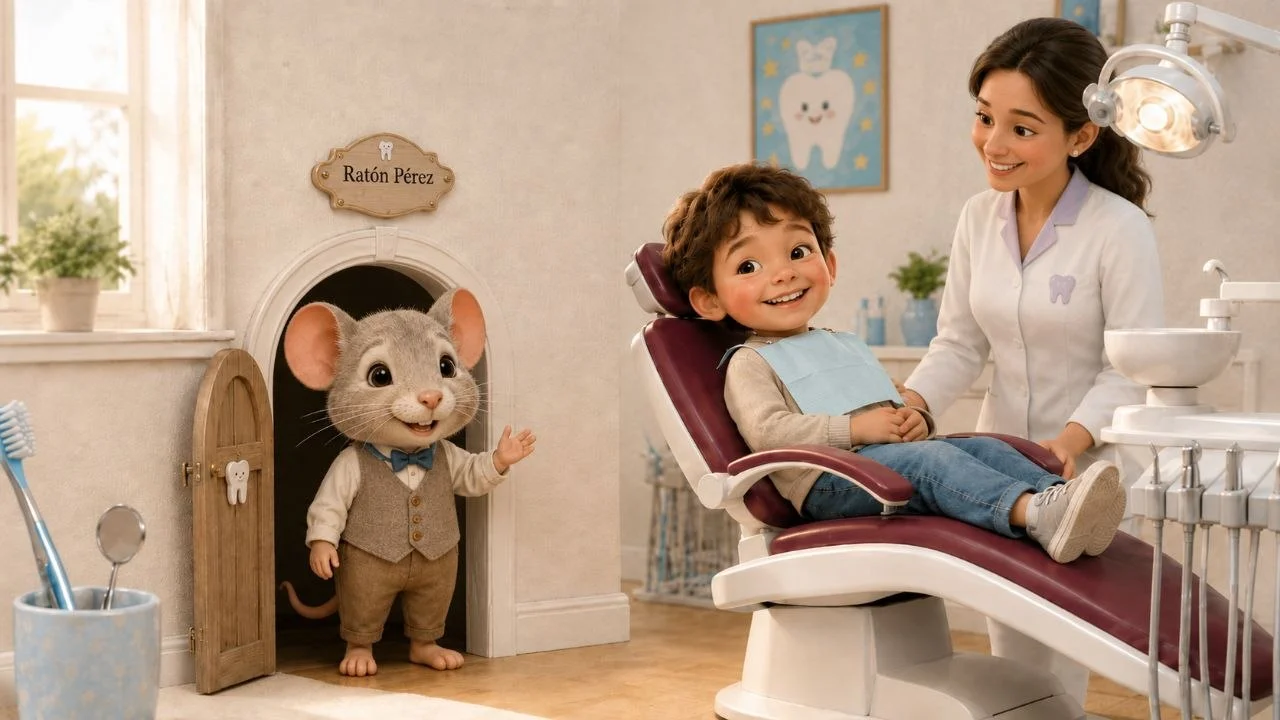 Ilustración del Ratón Pérez saludando junto a un niño en el sillón dental de Clínica Dental Aranda