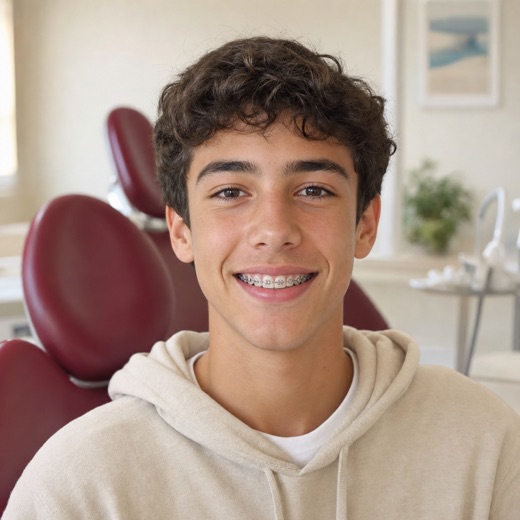 Adolescente sonriendo con ortodoncia discreta en consulta dental con sillón granate