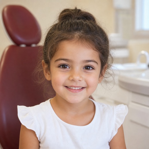 Niña de edad preescolar sonriendo en consulta dental infantil con sillón granate