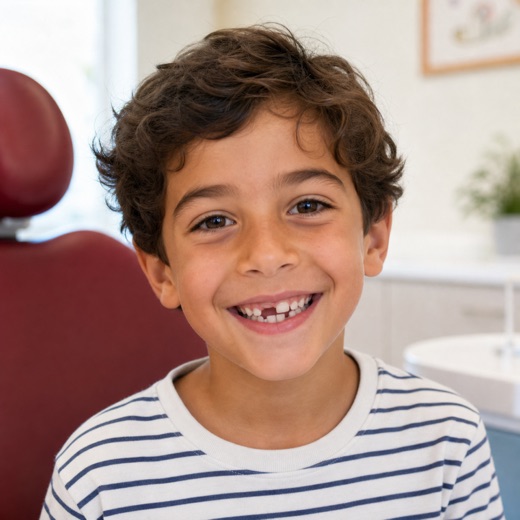 Niño sonriendo durante la etapa de recambio dental en consulta infantil