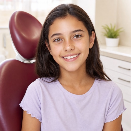 Niña preadolescente sonriendo en consulta dental infantil con sillón granate